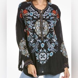 Johnny Was ‘Johrdan’ Black Rayon Blouse with Floral Embroidery. Size small
